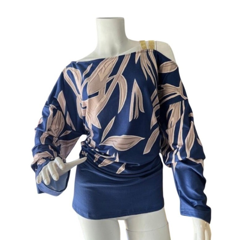 NWT JustFashionNow Women's Navy/Blue Tan Leaf‎ Print Cold Shoulder Blouse 2XL